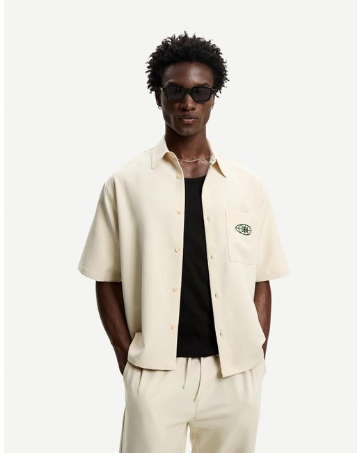 Bershka Natural Tailored Boxy Fit Shirt With Embroidery for men