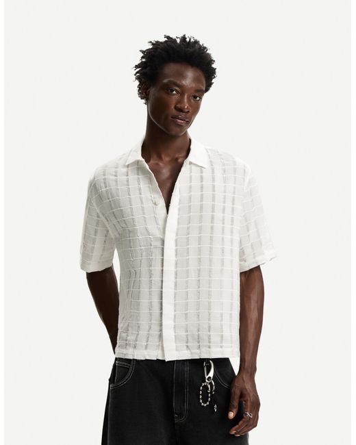 Bershka White Frayed Boxy-Fit Short Sleeve Shirt for men