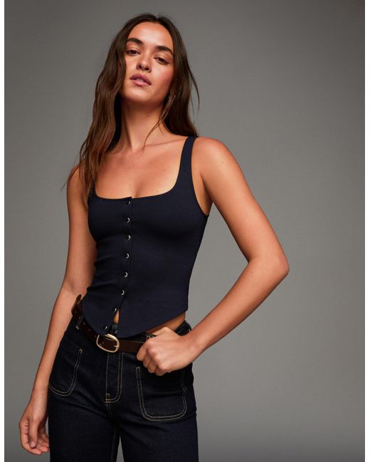 Bershka Blue Square Neck Top With Hook-And-Eye Clasps