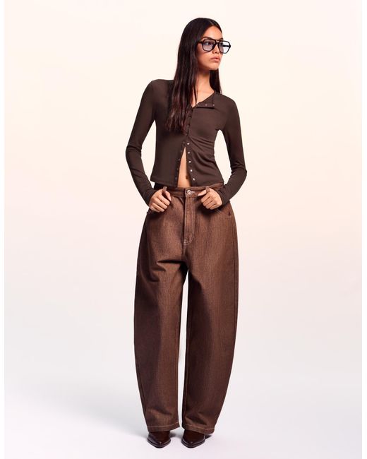 Bershka Brown Long Sleeve T-Shirt With Buttons
