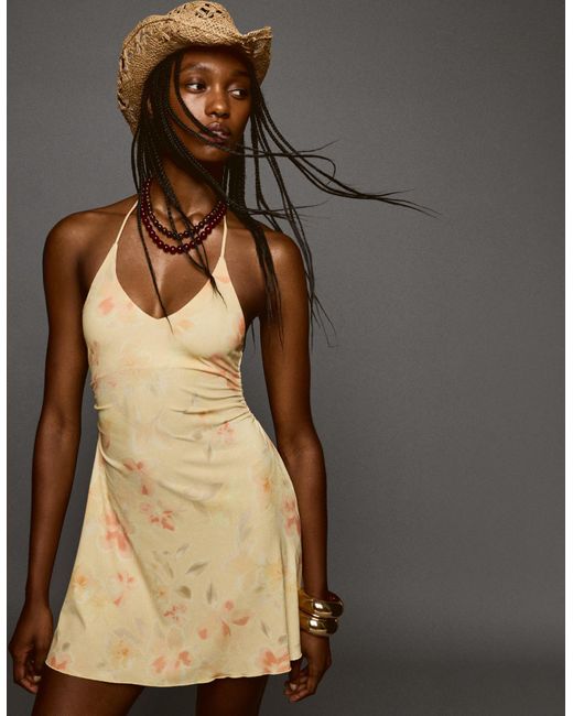 Bershka Natural Printed Midi Halter Dress