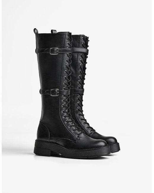 Bershka Black Flat Lace-Up Boots With Buckles
