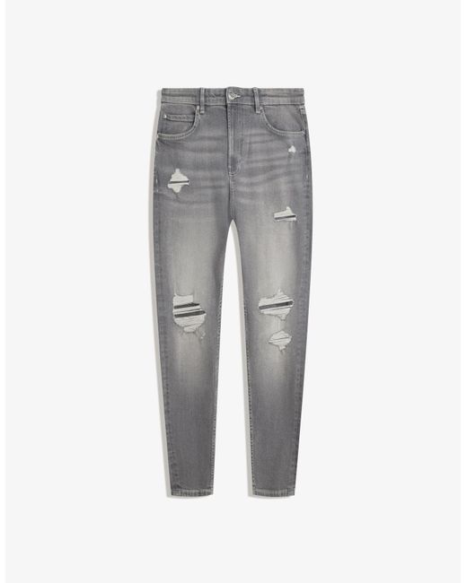 Bershka Gray Ripped Carrot Fit Jeans for men