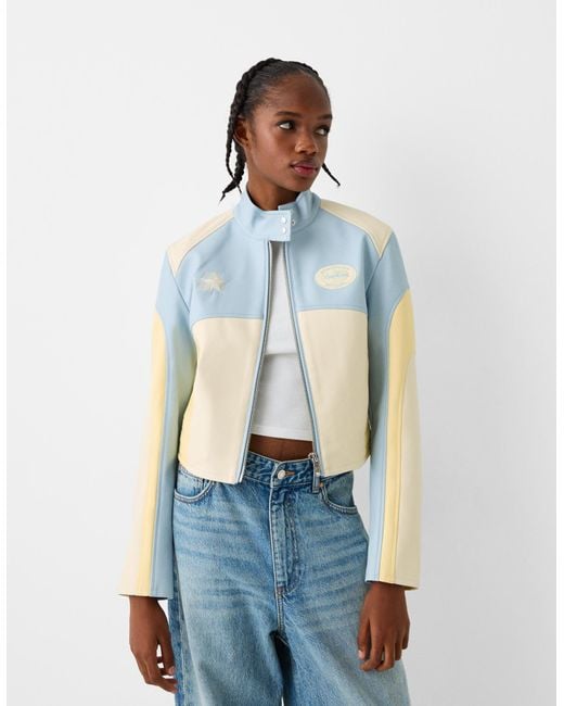 Bershka Leather Effect Embroidered Jacket in Blue Lyst
