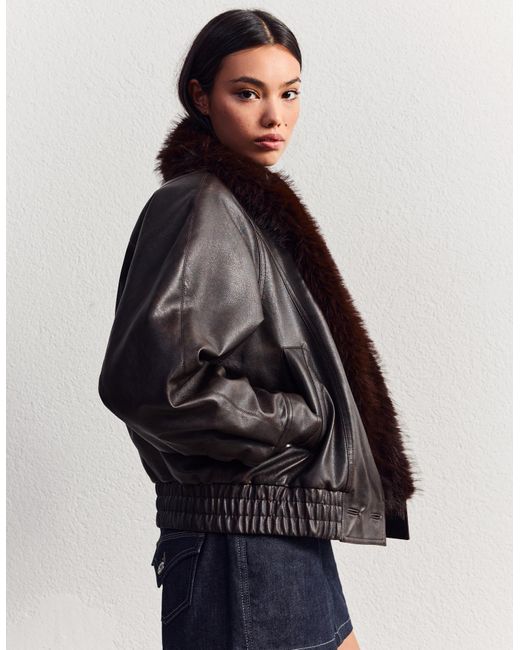 Bershka Gray Leather Effect Jacket With Faux Fur Collar