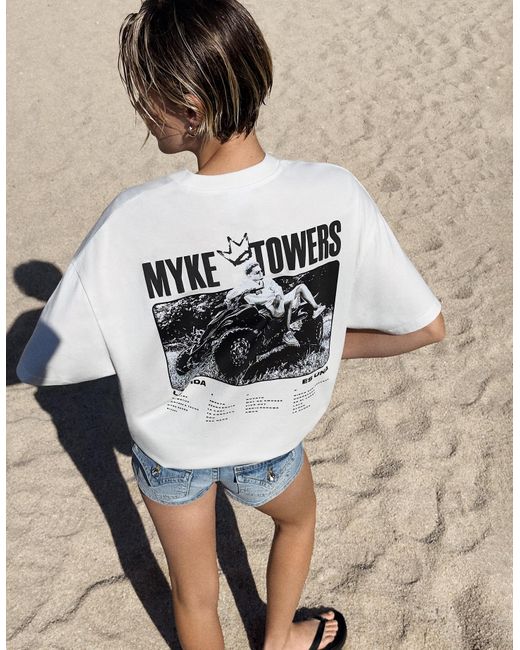 Bershka White Myke Towers Print Short Sleeve T-Shirt