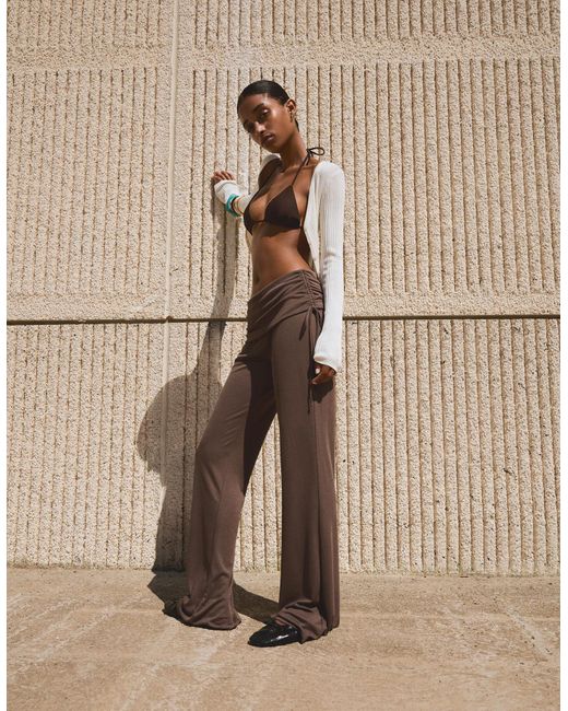 Bershka Natural Soft Flared Pants With Gathered Modal And Bow