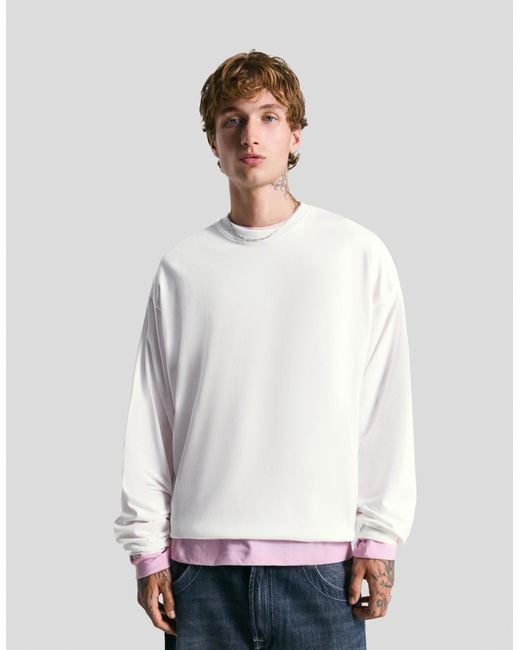 Bershka White Long Sleeve Boxy-Fit T-Shirt for men