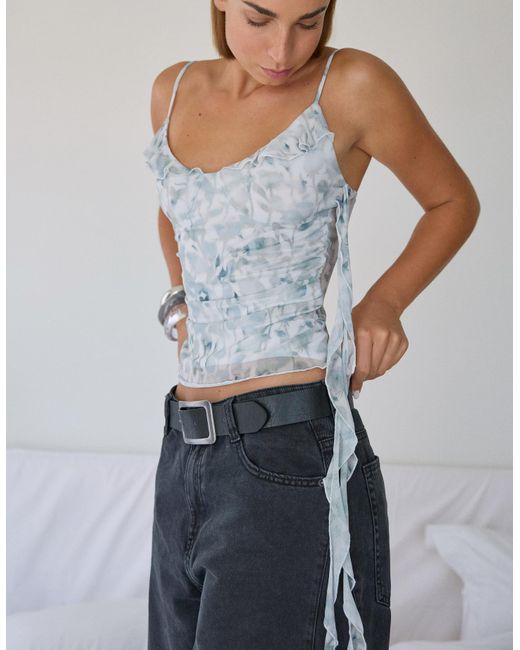 Bershka Blue Tulle Printed Top With Ruffles