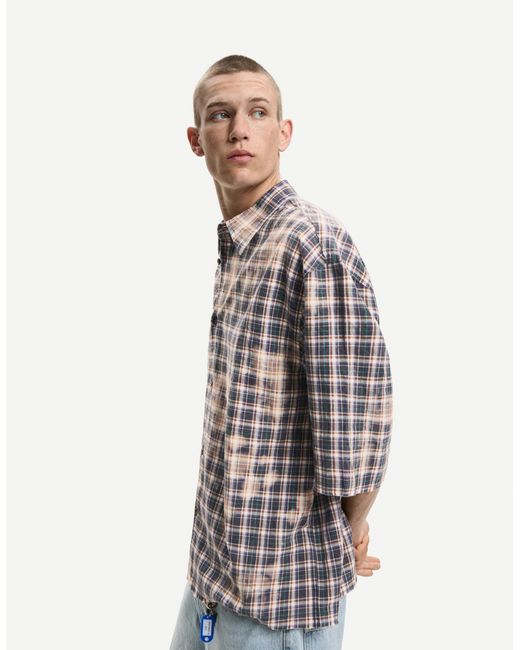 Bershka White Oversize Check Short Sleeve Shirt for men
