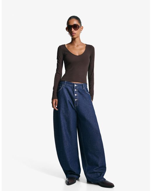 Bershka Blue Long Sleeve V-Neck T-Shirt