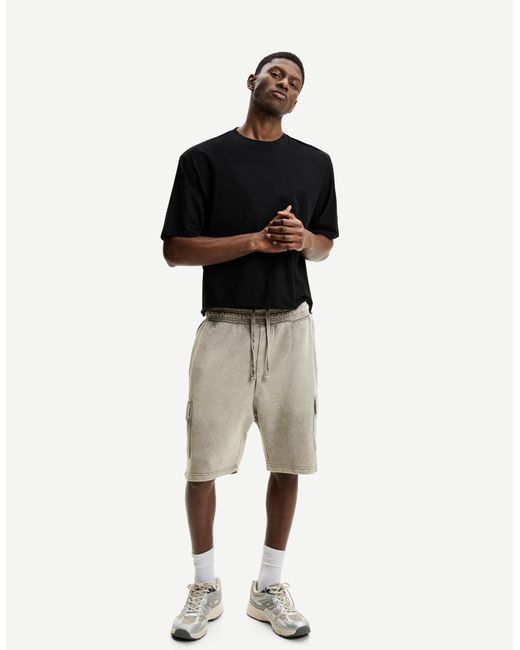 Bershka Black Plush Cargo Bermuda Shorts for men