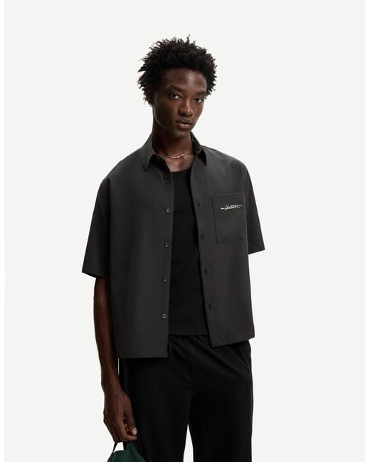 Bershka Black Tailored Boxy Fit Shirt With Embroidery for men