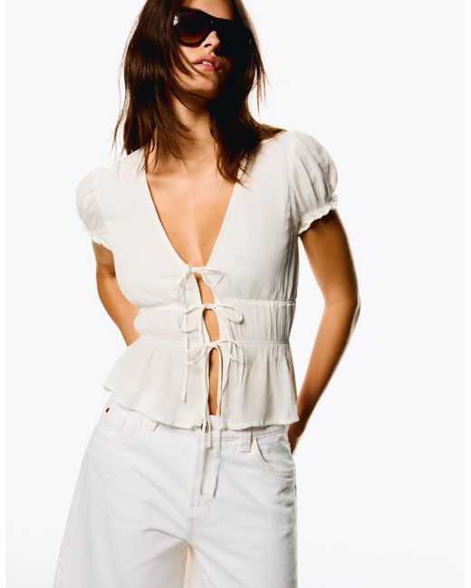 Bershka White Short Sleeve Gathered Shirt With Ties