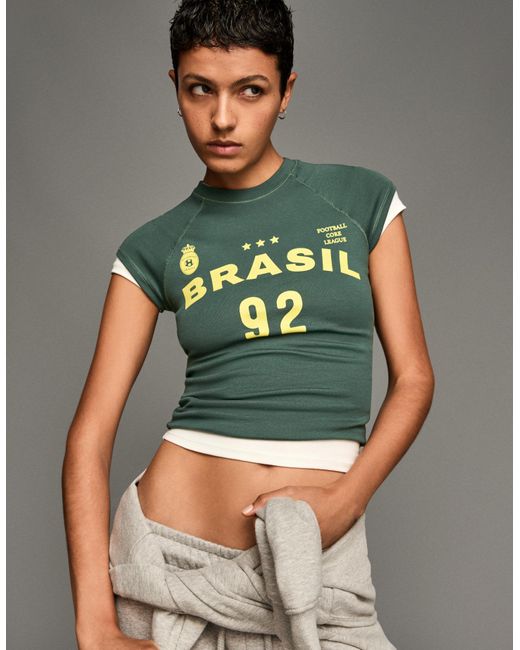Bershka Green Short Sleeve T-Shirt With Print