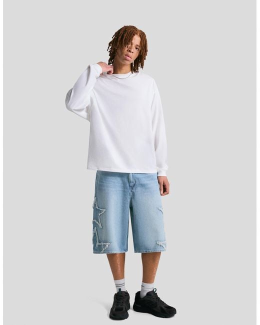 Bershka Blue Denim Bermuda Shorts With Patches for men