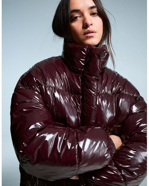 Bershka Women's Red Vinyl-Effect Puffer Jacket