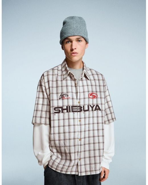 Bershka Men's Blue Plaid Boxy-Fit Double-Sleeve Shirt