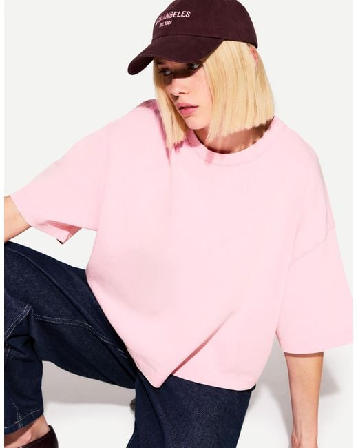 Bershka Pink Heavy Cotton Boxy Fit Short Sleeve T-Shirt