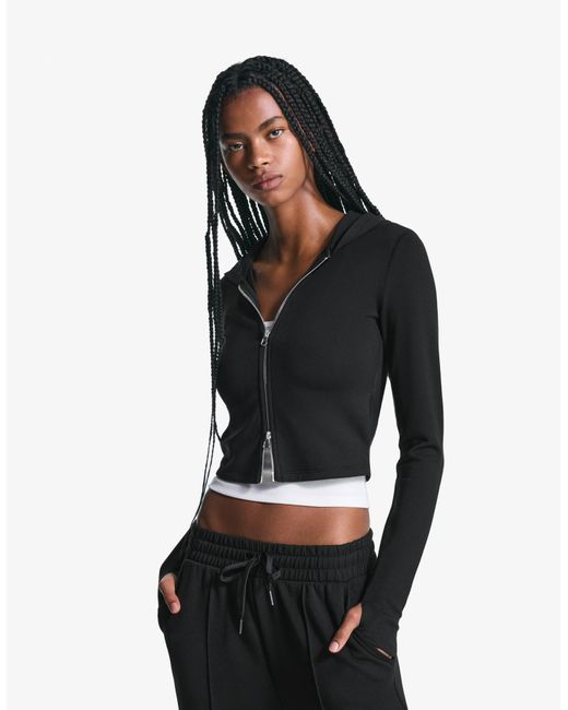 Bershka Black Soft Zip-Up Modal Hooded Sweatshirt
