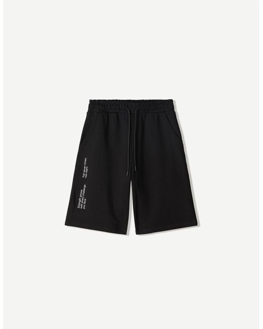 Bershka Black Plush Bermuda Shorts With Print for men
