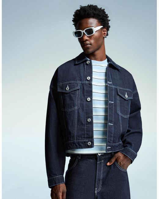 Bershka Men's Blue Denim Trucker Jacket