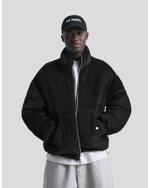 Bershka Black Corduroy Quilted Jacket for men