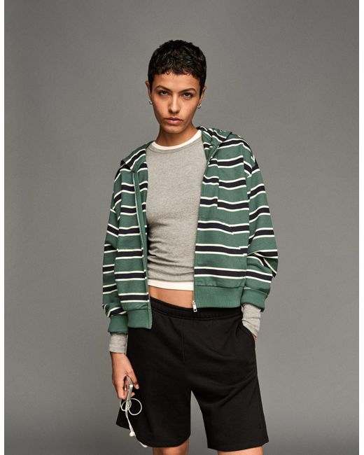 Bershka Green Striped Zip-Up Hoodie