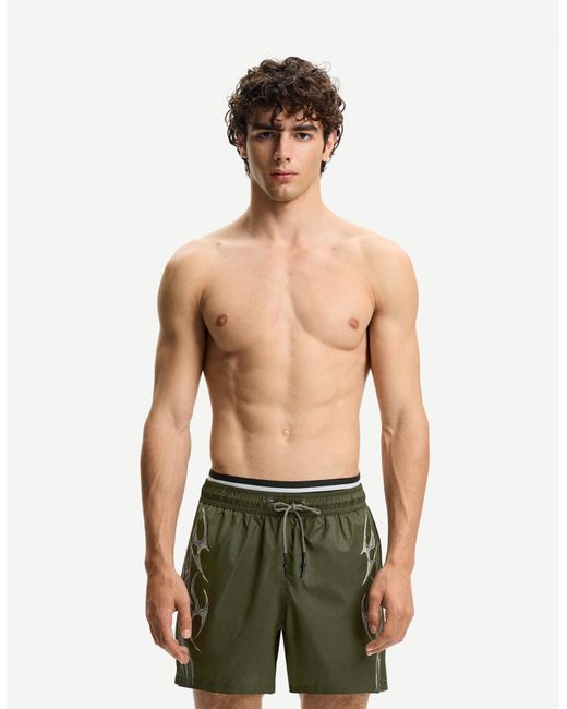 Bershka Green Printed Double Waist Swimming Trunks for men