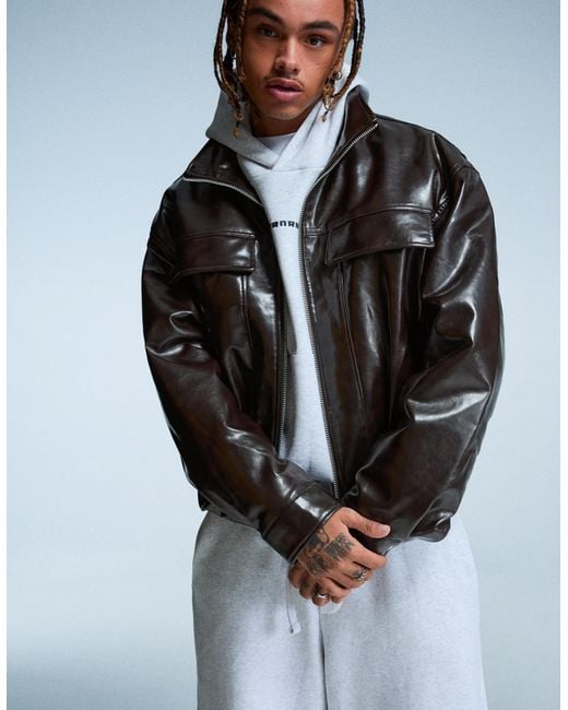 Bershka Men's Black Leather Effect Jacket