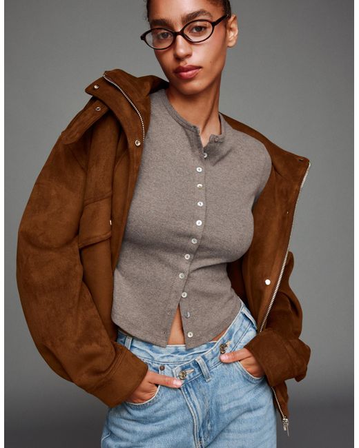 Bershka Brown Button-Up Knit Cardigan