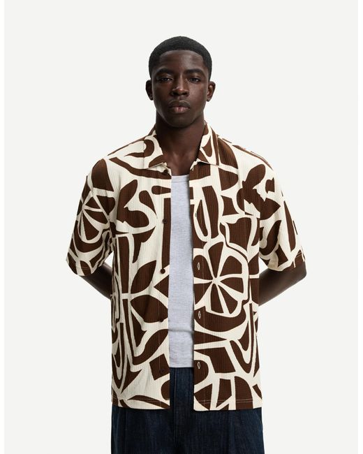 Bershka Natural Printed Short Sleeve Pleated Shirt for men