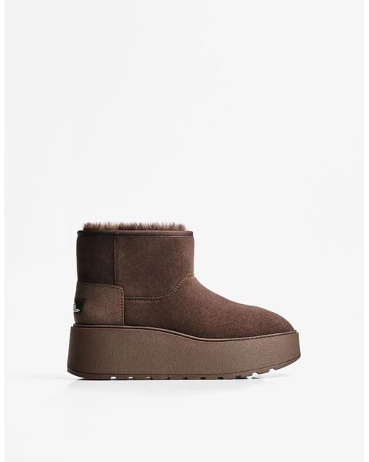 Bershka Brown Platform Ankle Boots With Faux Fur Lining
