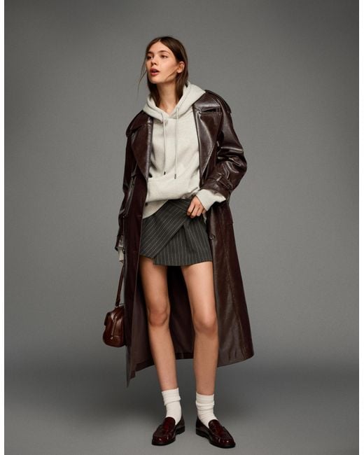 Bershka Gray Oversize Leather Effect Trench Coat