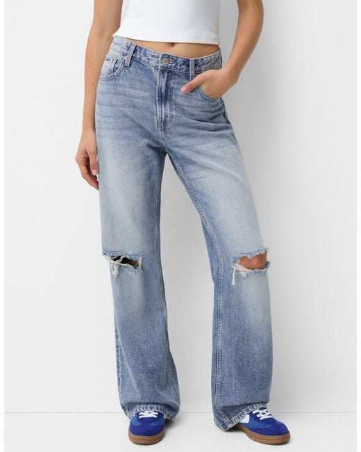 Bershka Ripped Wide Leg 90S Jeans Light in Blue Lyst
