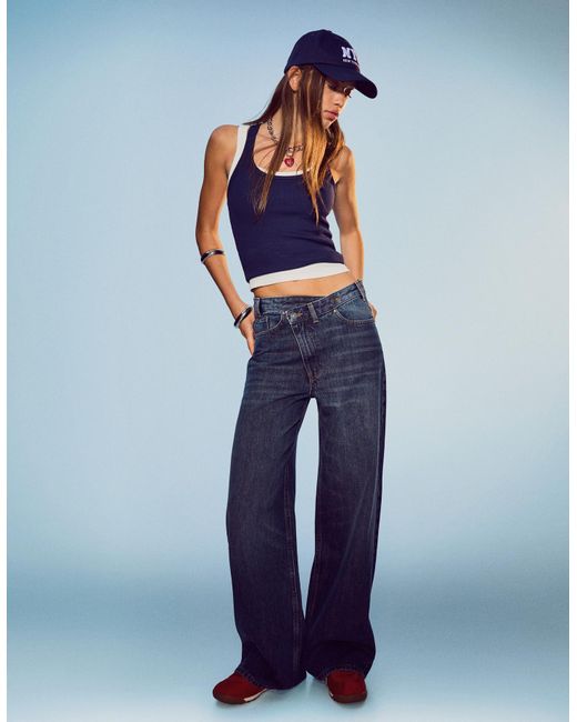 Bershka Blue Wide Leg Jeans With Crossover Waistband