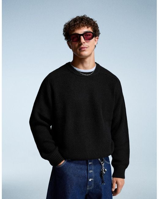 Bershka Black Purl Knit Wool Blend Sweater for men