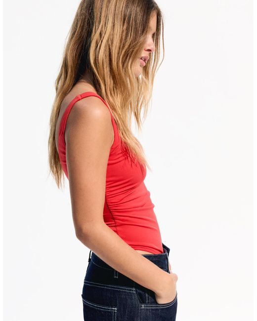 Bershka Red Strappy Bodysuit With Gathers