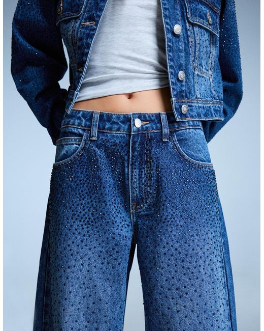 Bershka Blue Straight Jeans With Rhinestone Details