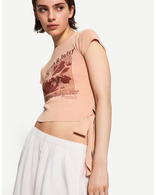 Bershka Natural Printed Short Sleeve T-Shirt With Knot