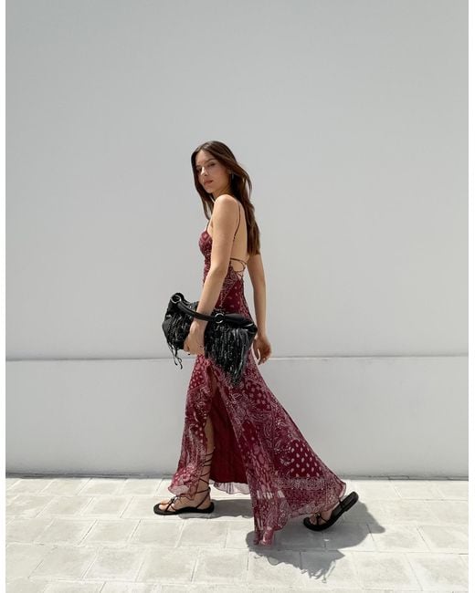Bershka Red Tulle Midi Dress With Print