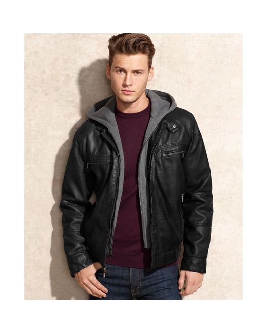 Calvin Klein Hooded Faux Leather Jacket in Black for Men | Lyst