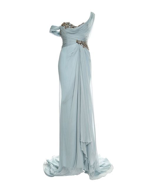 Marchesa Blue Embroidered One-Shoulder Chiffon Gown