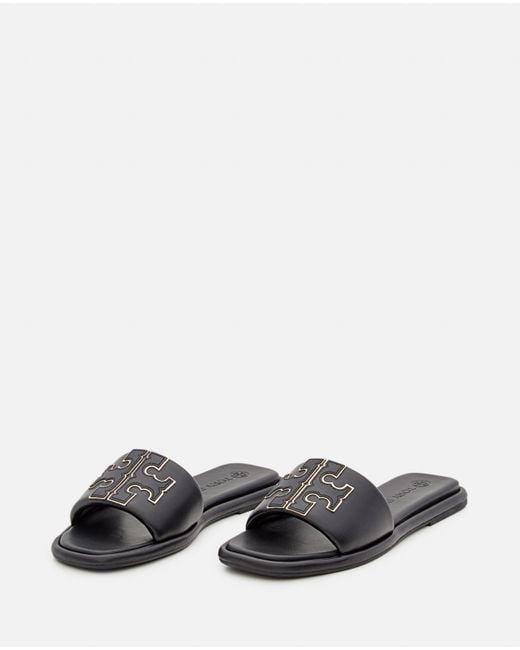 Tory Burch Double T Sport Leather Slide in Black - Lyst