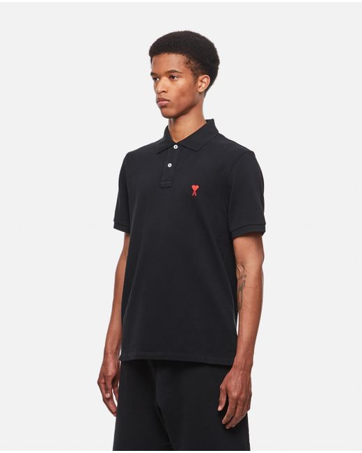 AMI Cotton Looed Polo Shirt in Black 
