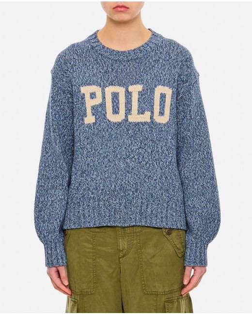 Pullover In Cotone Lana Con Logo di Polo Ralph Lauren in Blue