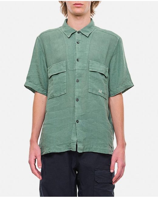Camicia Manica Corta In Lino di C P Company in Green da Uomo
