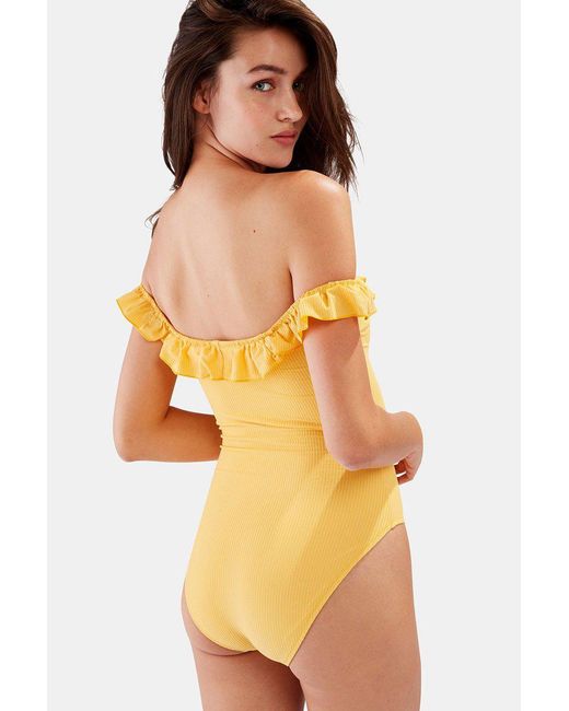 yellow off the shoulder one piece swimsuit