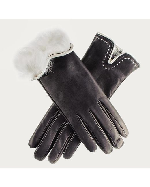 Black Accessories Black And Vanilla Rabbit Fur Lined Leather Gloves