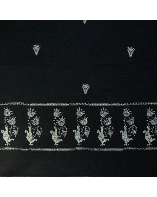 Black Black Hand Embroidered Pashmina Cashmere Shawl - Tulips